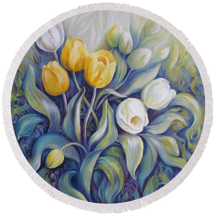 Tulips Round Beach Towel featuring the painting Tulips by Elena Oleniuc