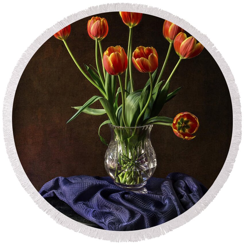 Vase Round Beach Towel featuring the photograph Tulips In A Crystal Vase by Endre Balogh
