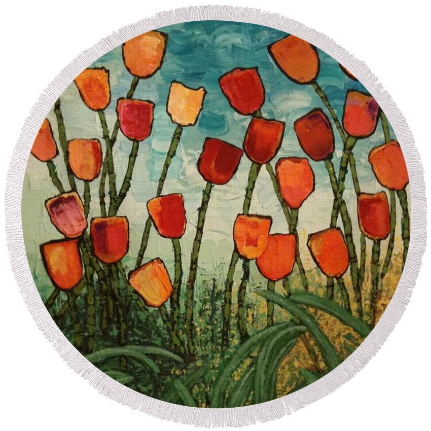 Red Round Beach Towel featuring the painting Tulips by Linda Bailey