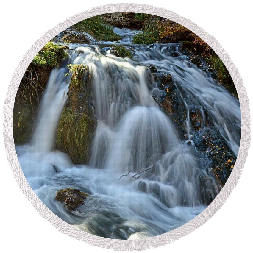 Waterfall Round Beach Towel featuring the photograph Tumbling Waters by Fiskr Larsen