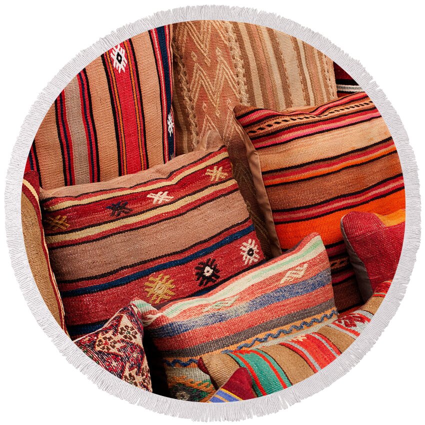 Traditional Round Beach Towel featuring the photograph Turkish Cushions 02 by Rick Piper Photography