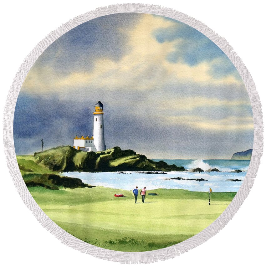 Turnberry Golf Course Round Beach Towel featuring the painting Turnberry Golf Course Scotland 10th Green by Bill Holkham