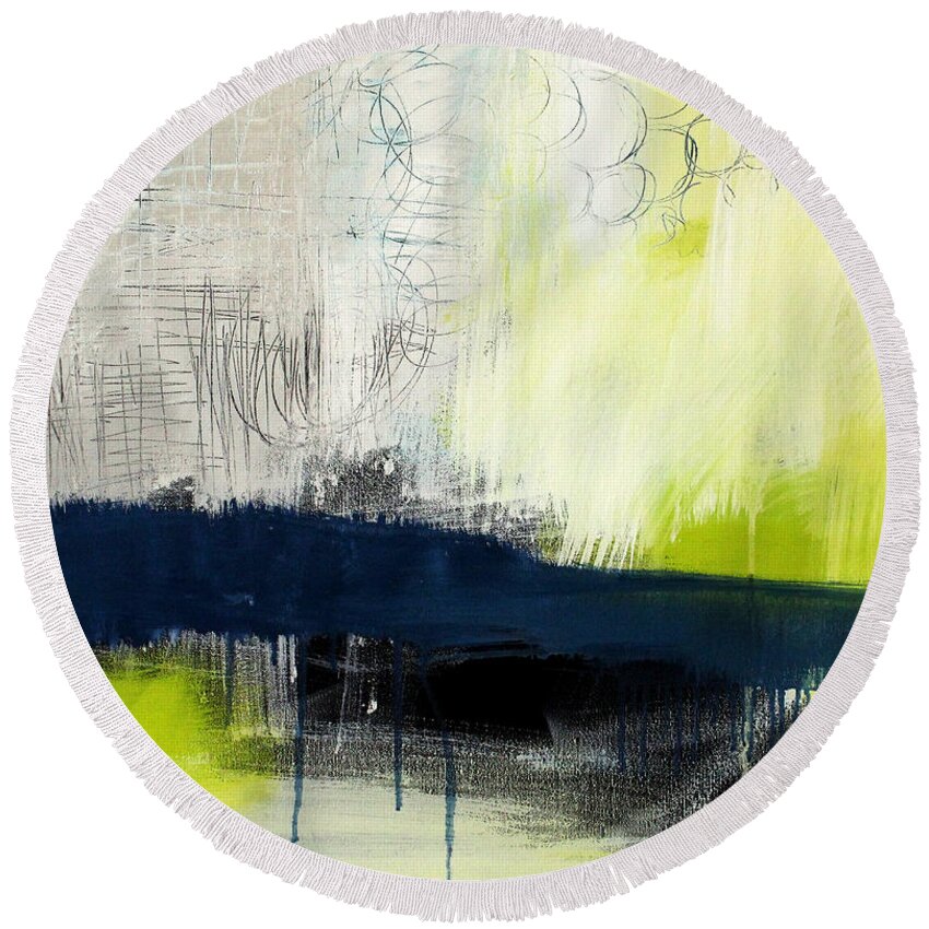 Blue Abstract Painting Round Beach Towel featuring the painting Turning Point - contemporary abstract painting by Linda Woods