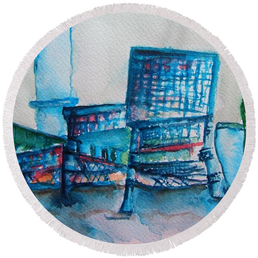 Wicker Round Beach Towel featuring the painting Turquoise Check In by Elaine Duras