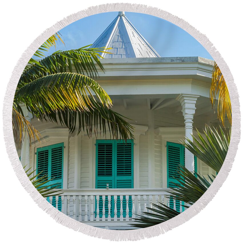 Balcony Round Beach Towel featuring the photograph Turquoise Shutters Key West Porch by Ed Gleichman