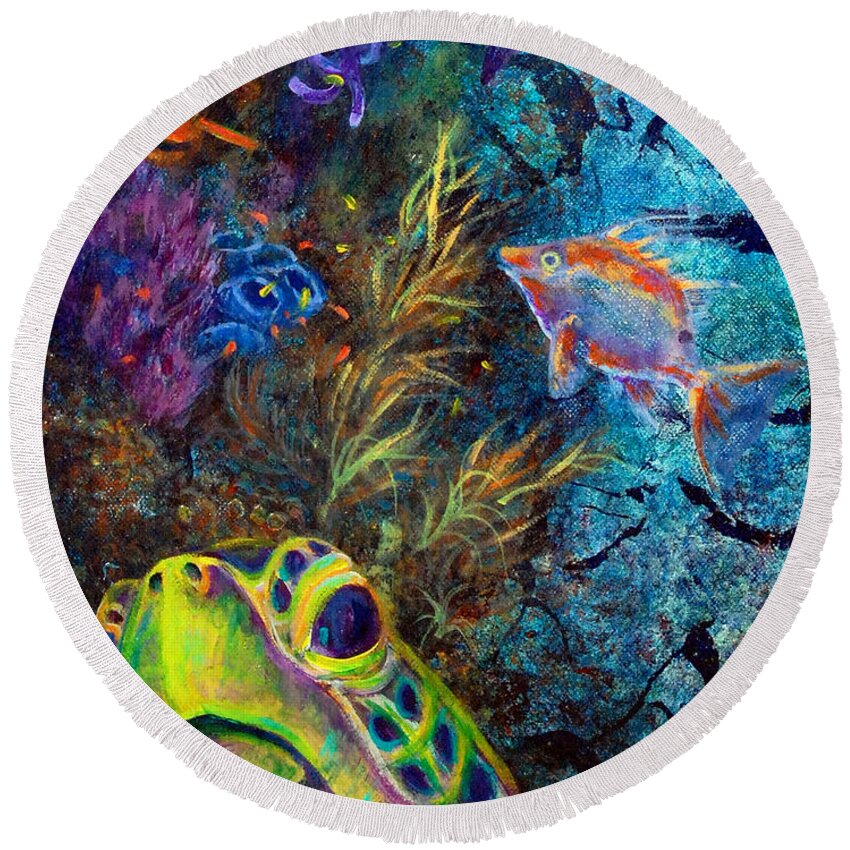 Sea Turtle Round Beach Towel featuring the painting Turtle Wall 3 by Ashley Kujan