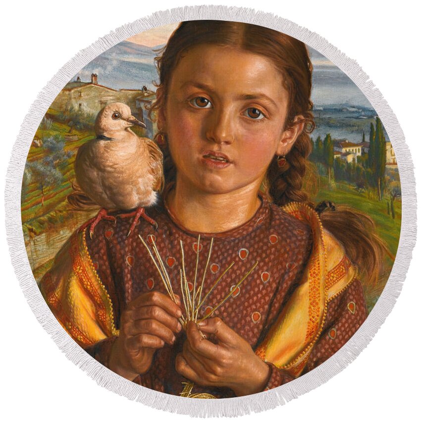 William Holman Hunt Round Beach Towel featuring the painting Tuscan Girl Plaiting Straw by William Holman Hunt