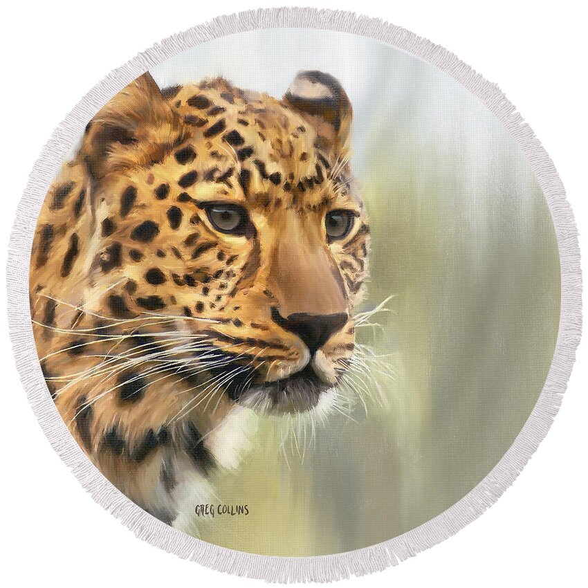 Cat Round Beach Towel featuring the painting Tutku by Greg Collins