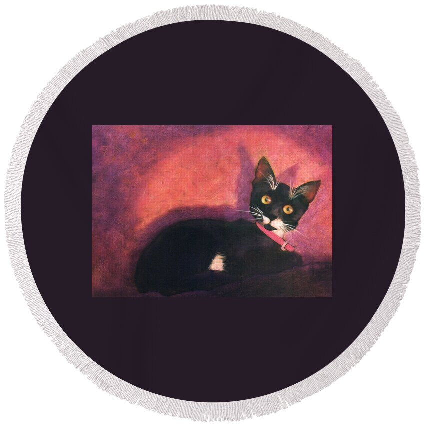 Cat Round Beach Towel featuring the painting Tux by Blue Sky