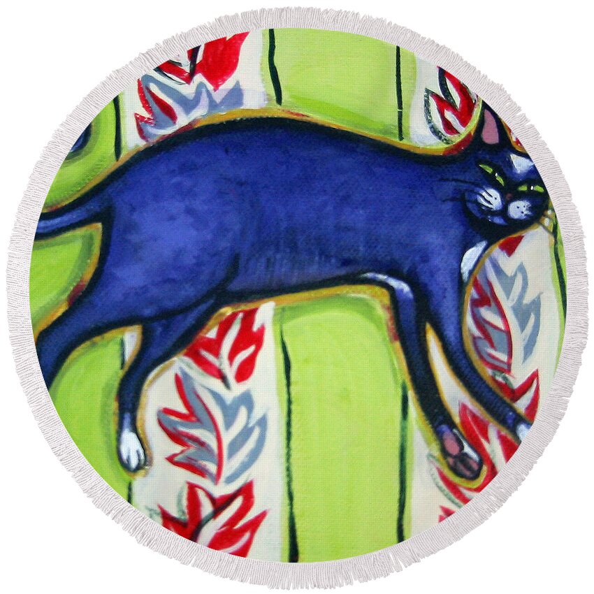 Rebecca Korpita Round Beach Towel featuring the painting Tuxedo Cat on a Cushion by Rebecca Korpita