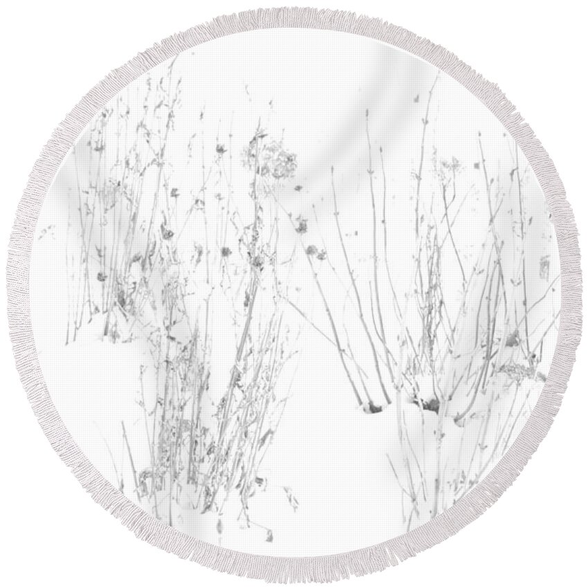 Black And White Image Round Beach Towel featuring the photograph Weeds in Snow by Valerie Collins