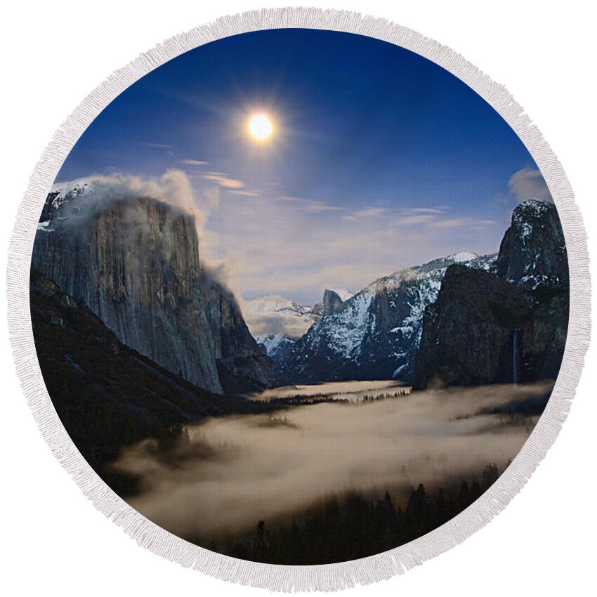 Moonrise Round Beach Towel featuring the photograph Twilight - Moonrise over Yosemite National Park. by Jamie Pham
