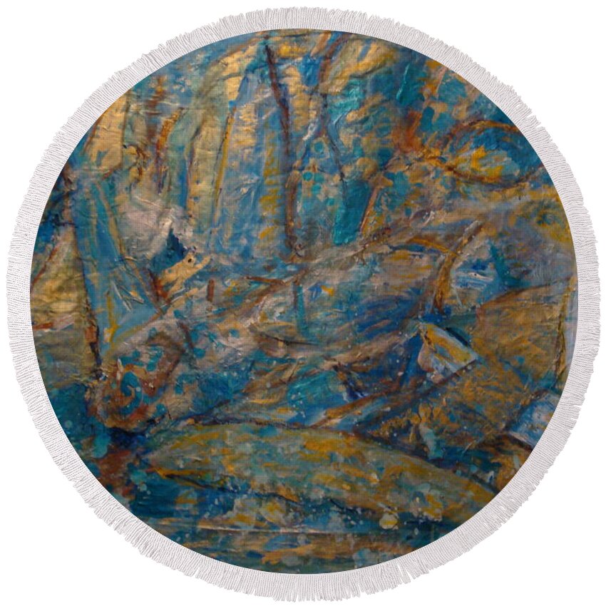 Sea Scape Round Beach Towel featuring the painting Twilight Sails by Fereshteh Stoecklein