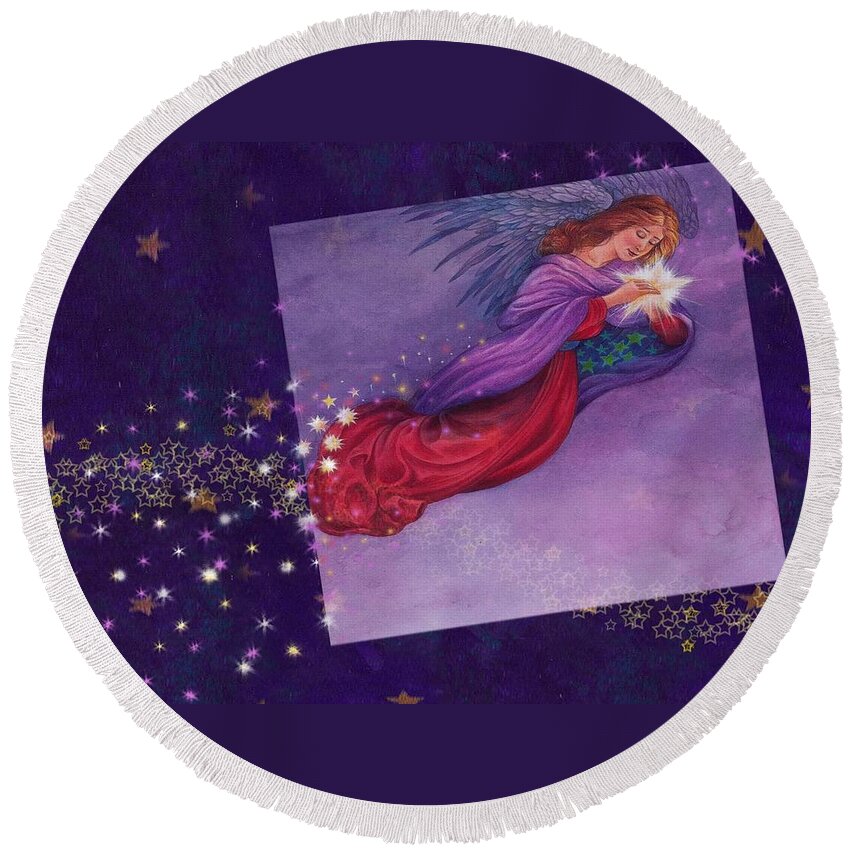 Angel Round Beach Towel featuring the painting twinkling Angel with star by Judith Cheng