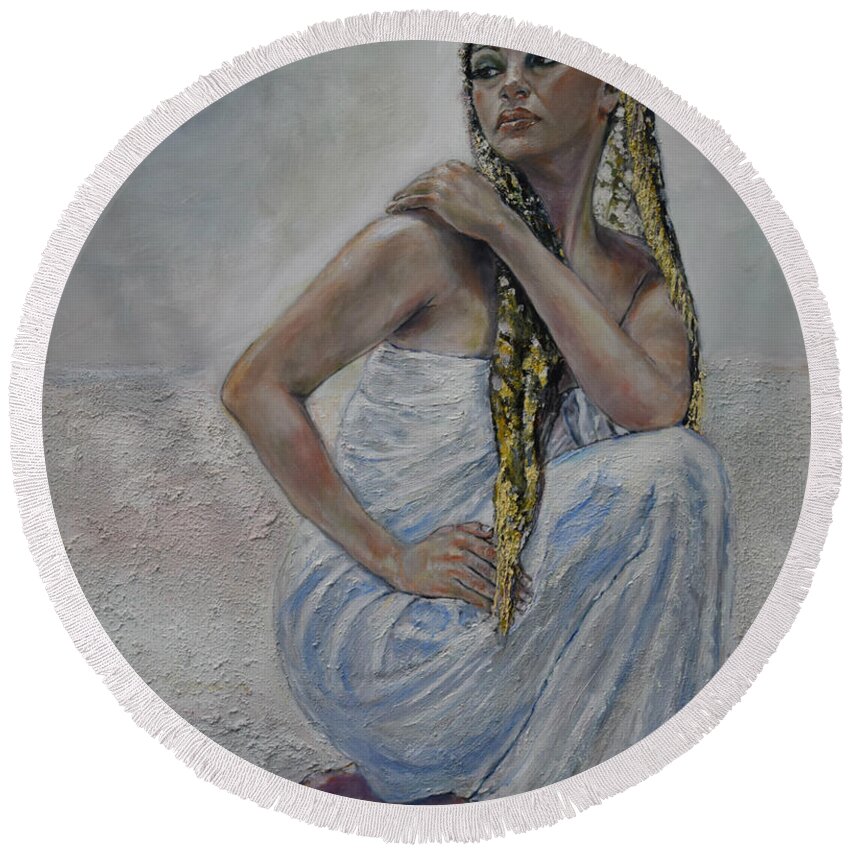 Woman Round Beach Towel featuring the painting Twins 1 by Raija Merila