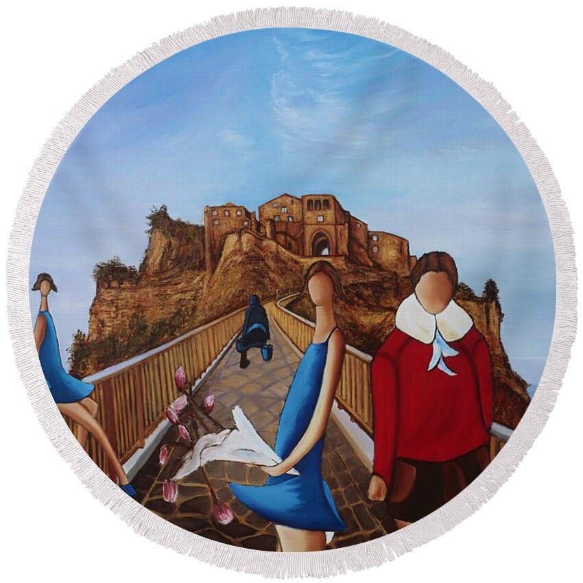 Two Young Girls Round Beach Towel featuring the painting Twins On Bridge by William Cain