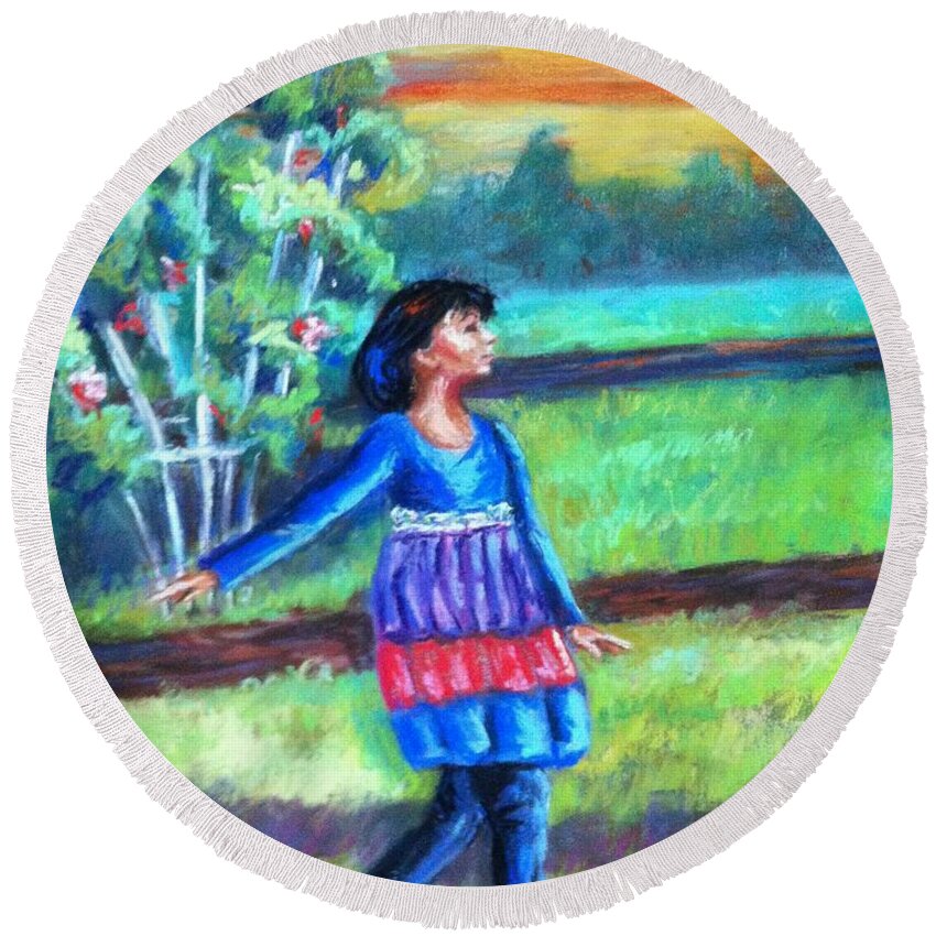 Girl Round Beach Towel featuring the painting Twirl in Jeans by Beverly Boulet