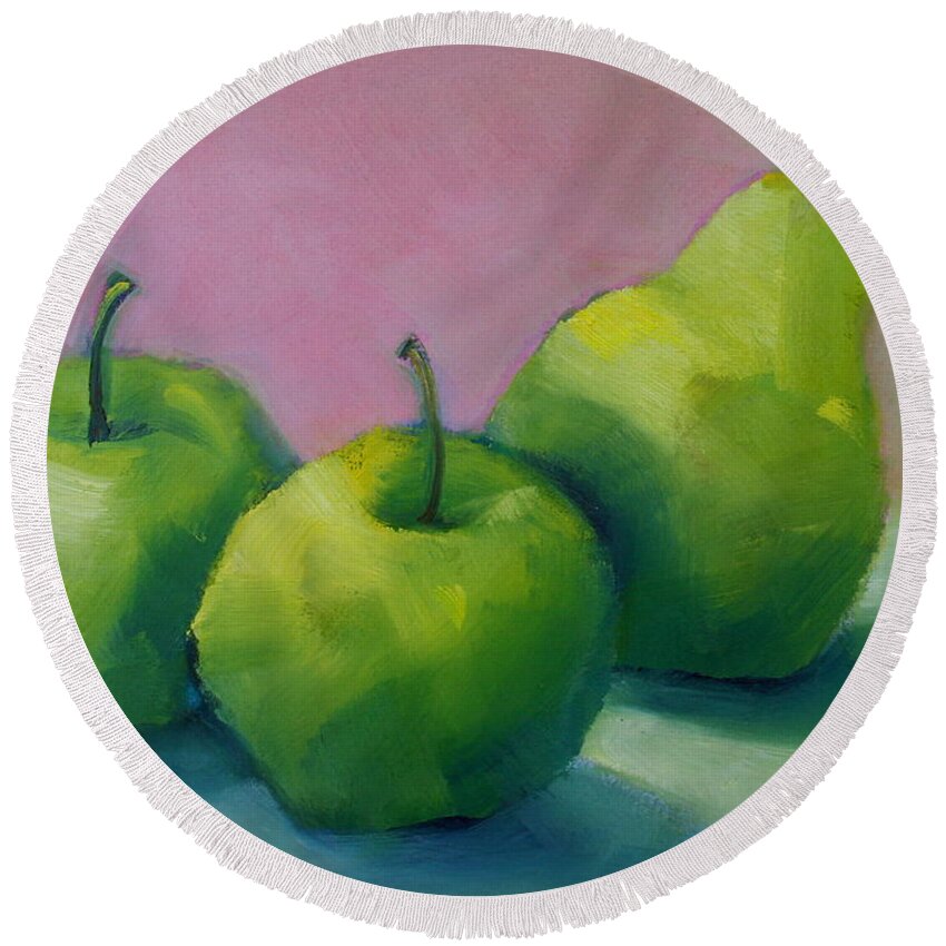 Apples Round Beach Towel featuring the painting Two Apples and One Pear by Michelle Abrams