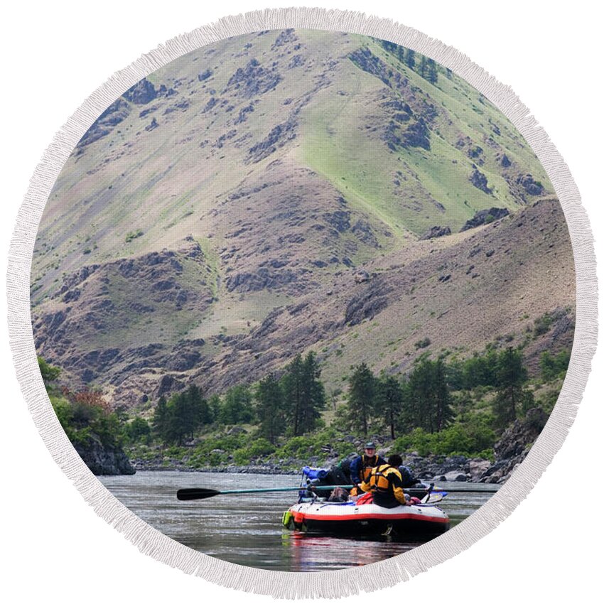 Achievement Round Beach Towel featuring the photograph Two Boaters Float Down The Snake River by Michael Hanson