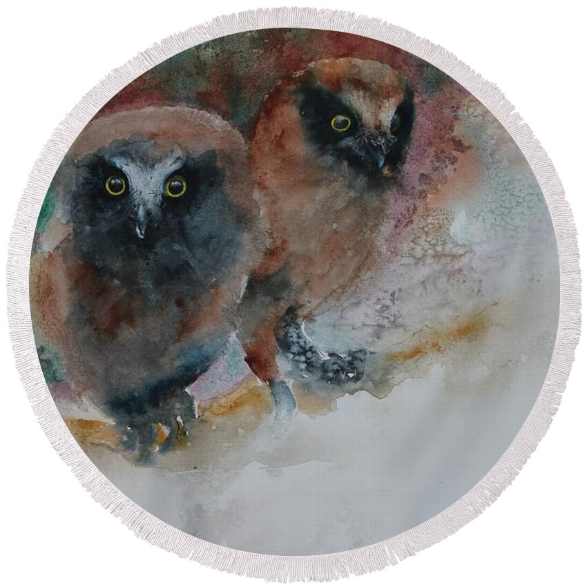 Owls Round Beach Towel featuring the painting Two Hoots by Ruth Kamenev
