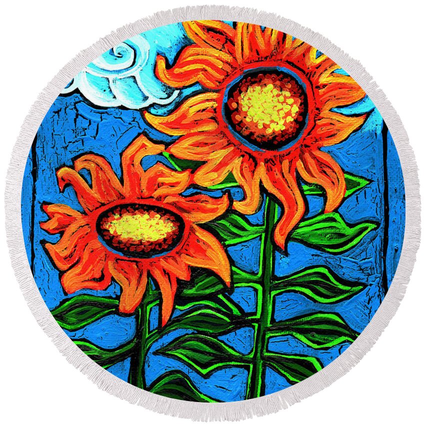 Sunflower Round Beach Towel featuring the painting Two Orange Sunflowers II by Genevieve Esson