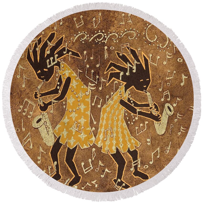 Print Round Beach Towel featuring the painting Two Sax Players by Katherine Young-Beck