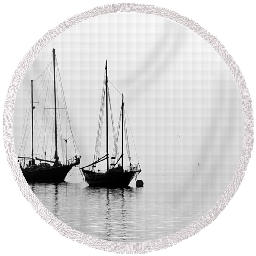 Scenic Round Beach Towel featuring the photograph Two Ships in the Fog by AJ Schibig