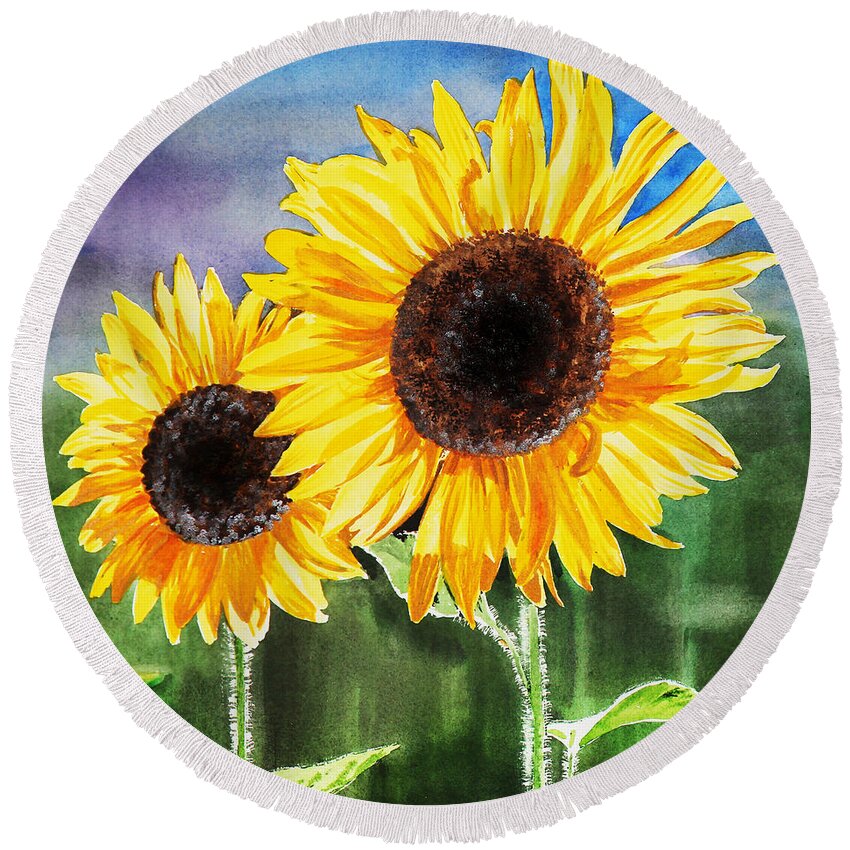 Sunflower Round Beach Towel featuring the painting Two Sunflowers by Irina Sztukowski