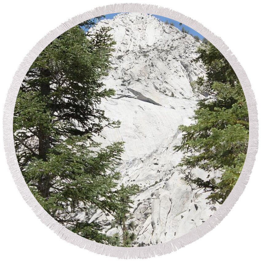Mt. Whitney National Park Round Beach Towel featuring the photograph Two Trees and the Peak by Amy Gallagher