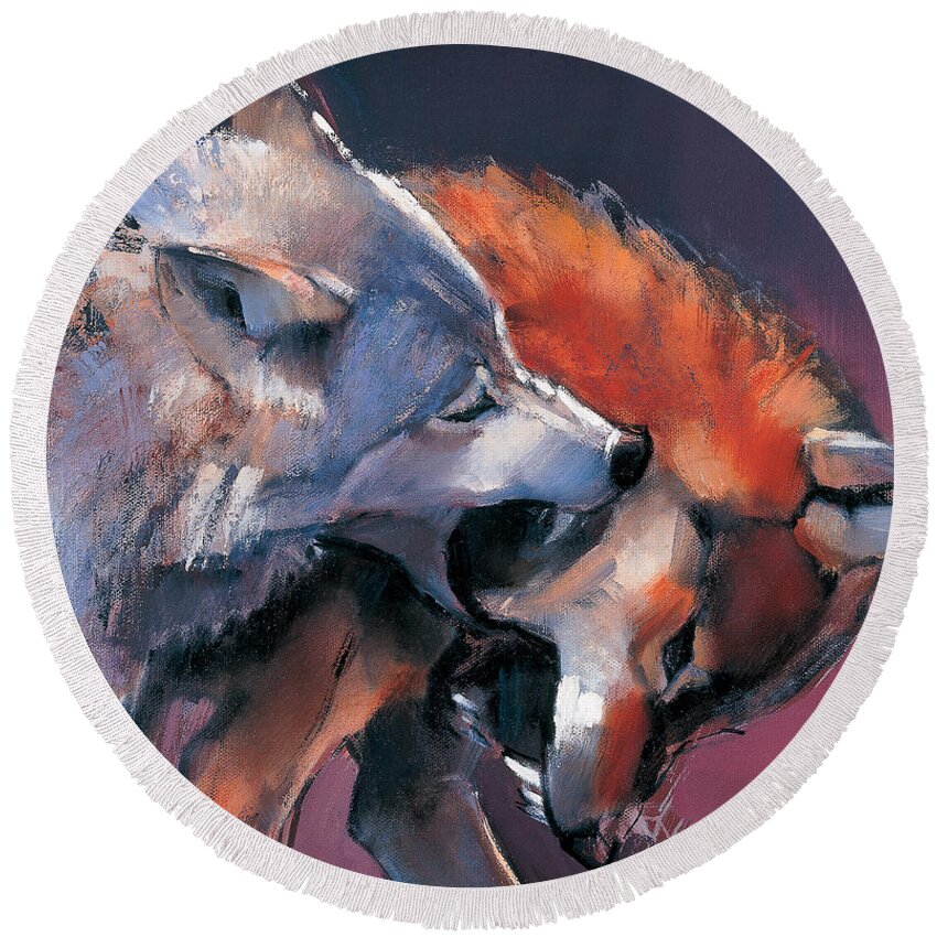 Wolf Round Beach Towel featuring the painting Two Wolves by Mark Adlington