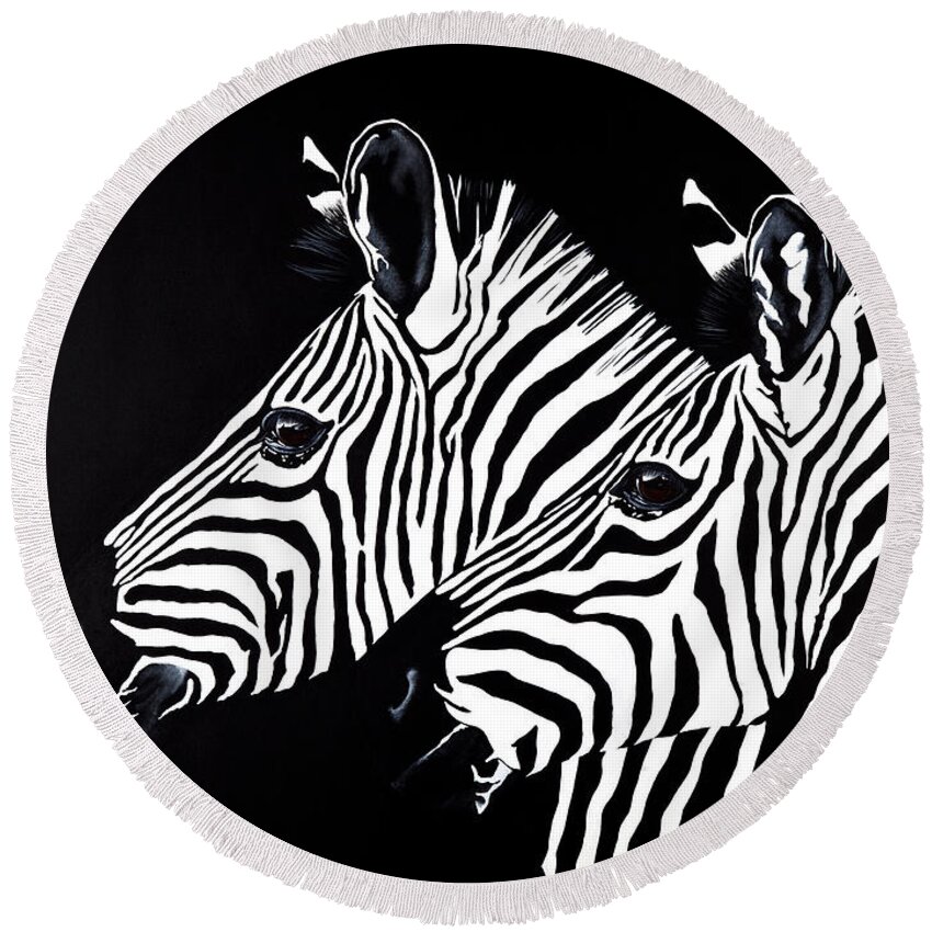 Zebras Round Beach Towel featuring the painting Two's Company by Karen Loughridge KLArt