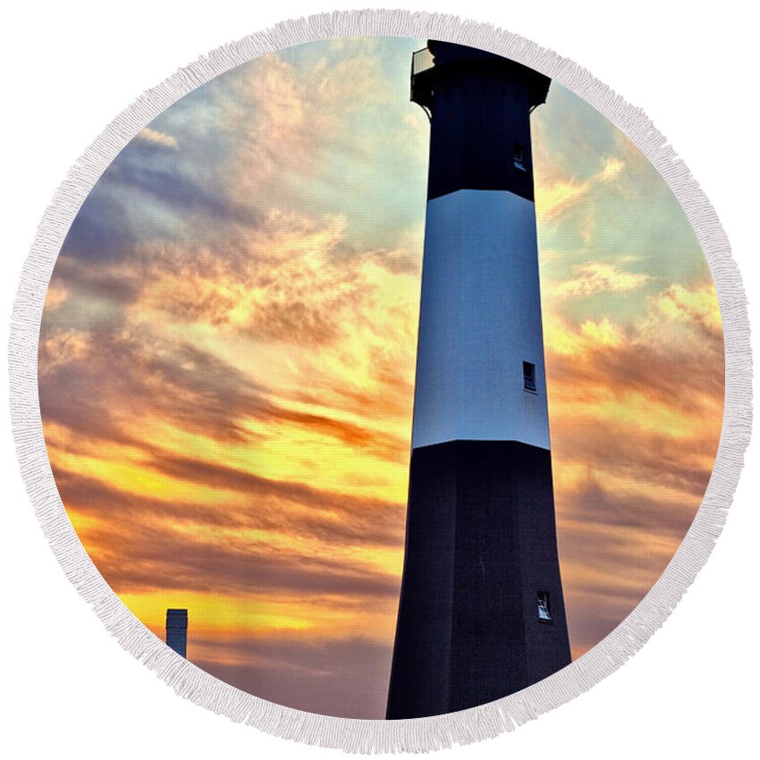 Tybee Island Lighthouse Round Beach Towel featuring the photograph Tybee Island Light at Sunset by Diana Powell