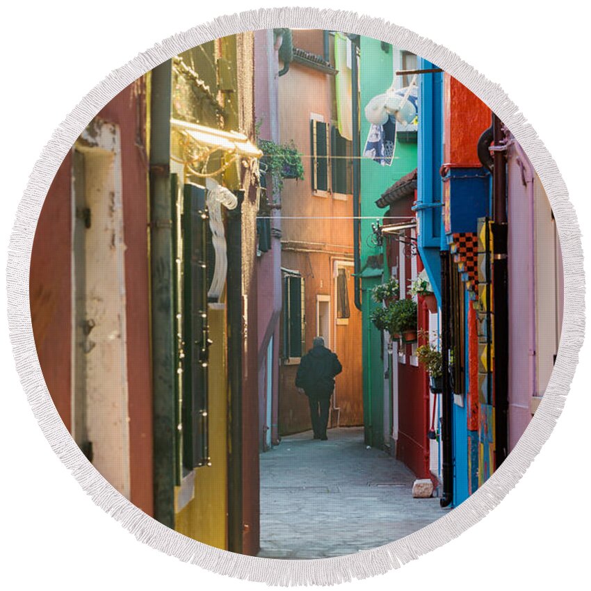 Venice Round Beach Towel featuring the photograph Typical street with colorful houses in Burano - Venice by Matteo Colombo