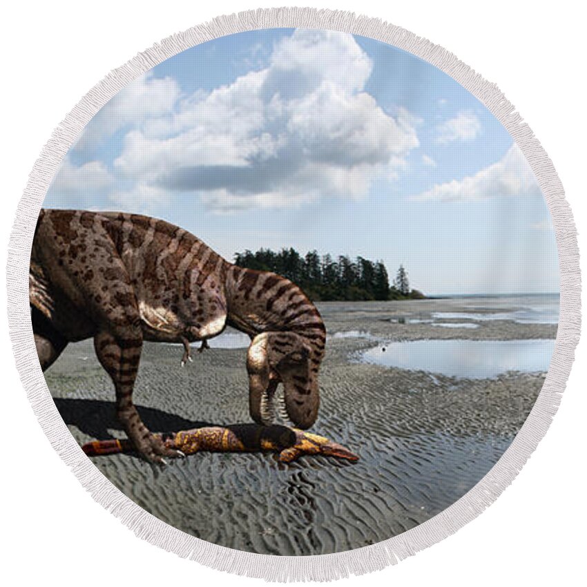 Dinosaur Round Beach Towel featuring the digital art Tyrannosaurus enjoying seafood - wide format by Julius Csotonyi