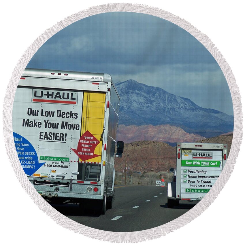 Moving Truck Round Beach Towel featuring the photograph Uhaul on the Move by Tikvah's Hope