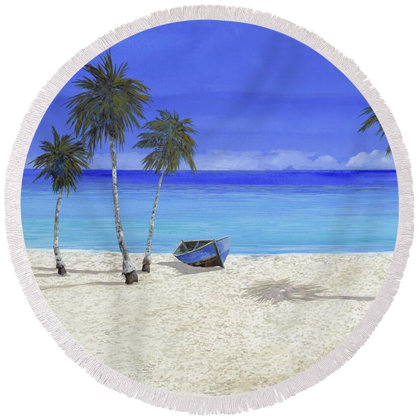 Seascape Round Beach Towel featuring the painting Una Barca Blu by Guido Borelli