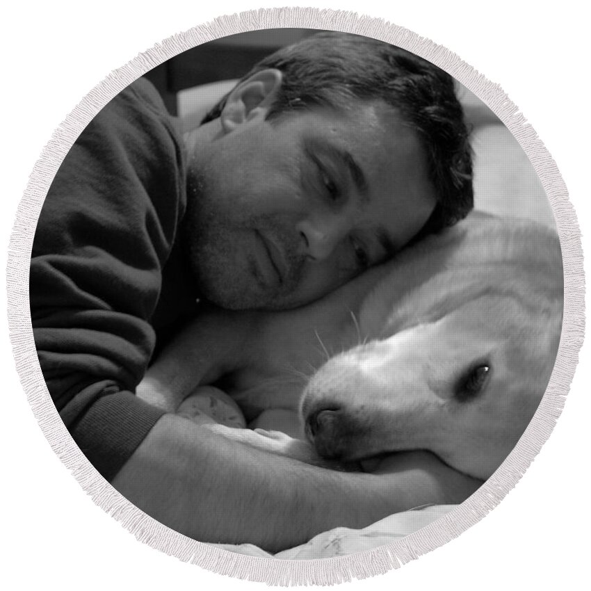 Man And His Dog Round Beach Towel featuring the photograph Unconditional Love by Rachel Bochnia
