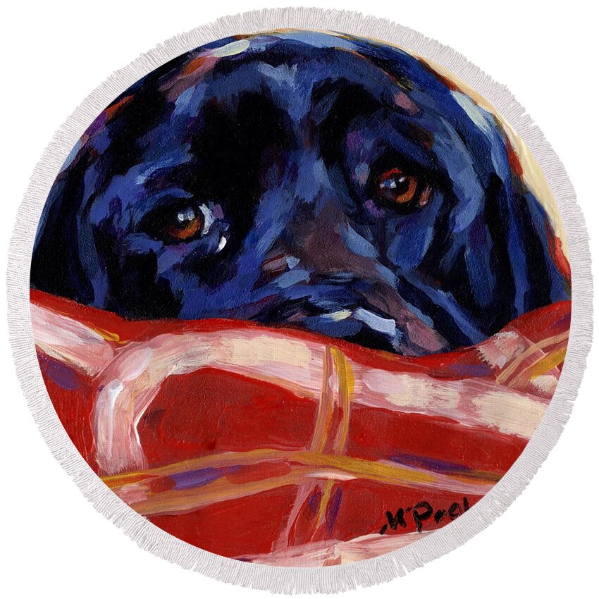 Black Labrador Retriever Round Beach Towel featuring the painting Under Cover by Molly Poole