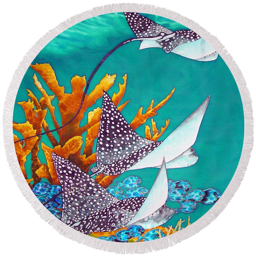 Eagle Ray Round Beach Towel featuring the painting Under the Bahamian Sea by Daniel Jean-Baptiste