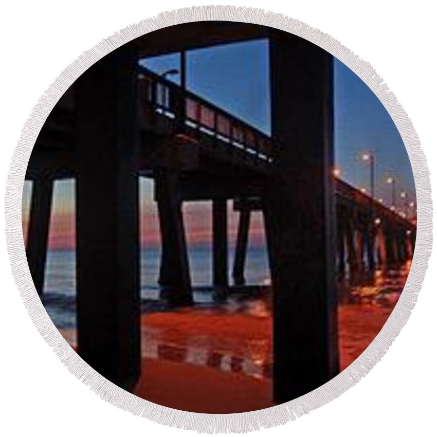 Palm Round Beach Towel featuring the digital art Under The Gulf State Pier by Michael Thomas