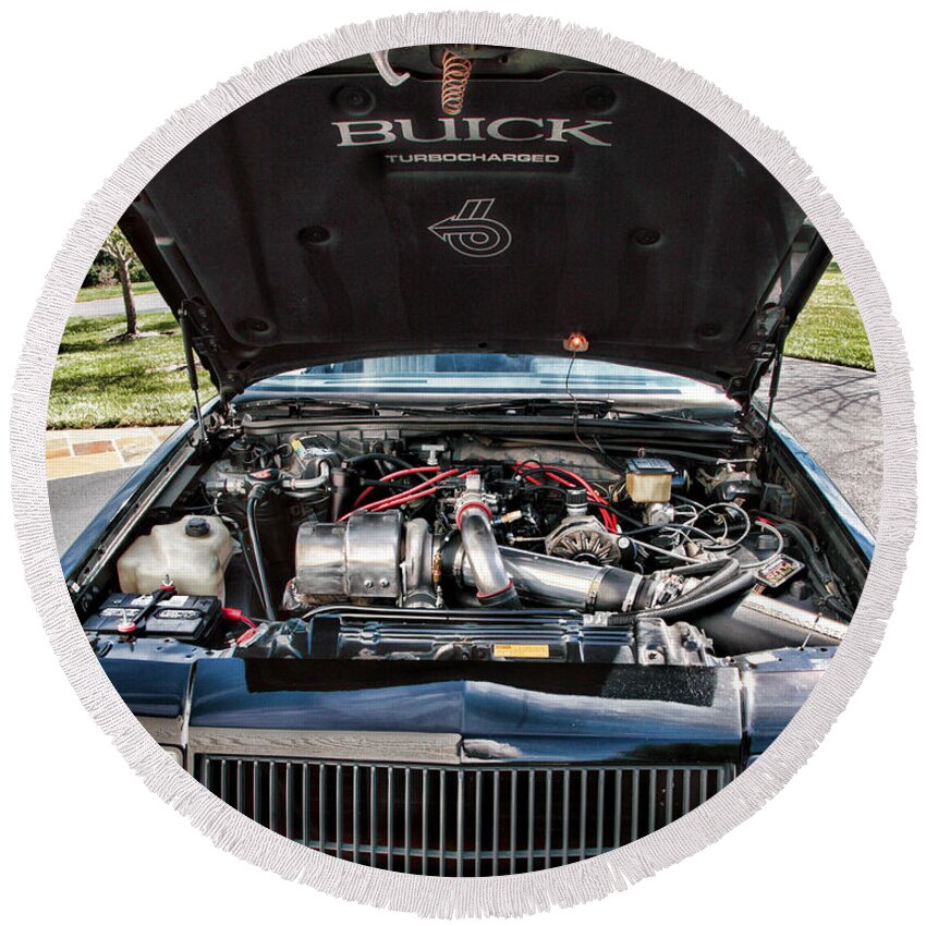 Buick Round Beach Towel featuring the photograph Under the Hood of a Buick Grand National by William Kuta