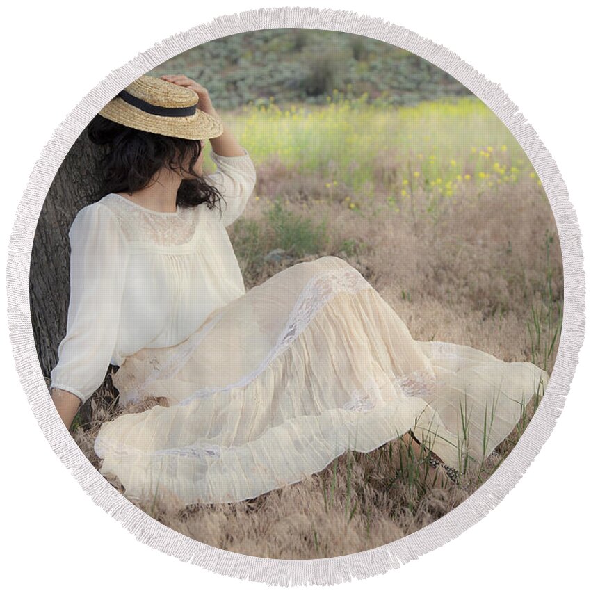 Nostalgia Round Beach Towel featuring the photograph Under The Old Appletree by Theresa Tahara