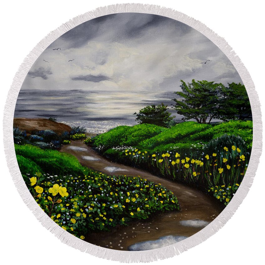 California Round Beach Towel featuring the painting Unexpected Summer Rain by Laura Iverson