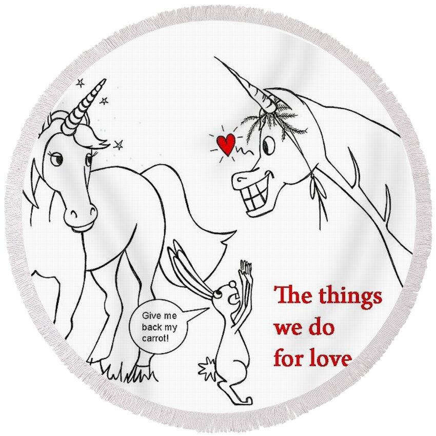 Valentine Round Beach Towel featuring the drawing Unicorn Valentines card by Konni Jensen