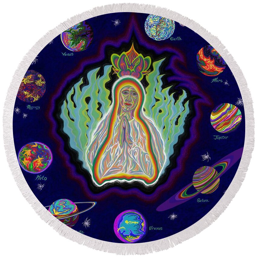 Virgin Mary Round Beach Towel featuring the painting United Planets of The Queen of Heaven by Robert SORENSEN