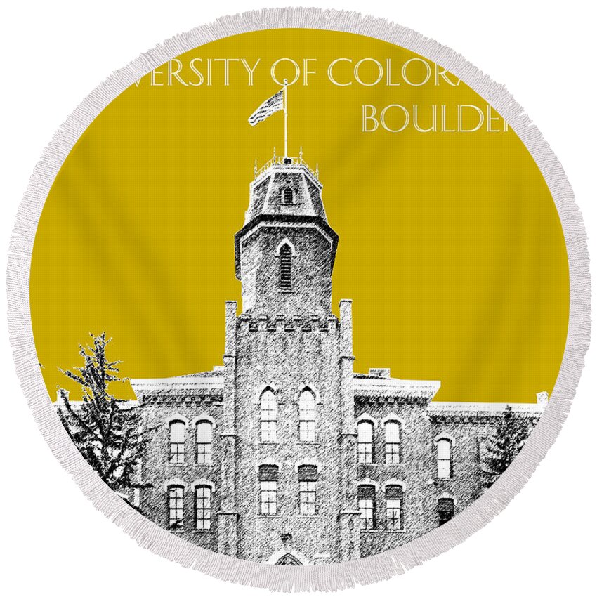 University Round Beach Towel featuring the digital art University of Colorado Boulder - Gold by DB Artist
