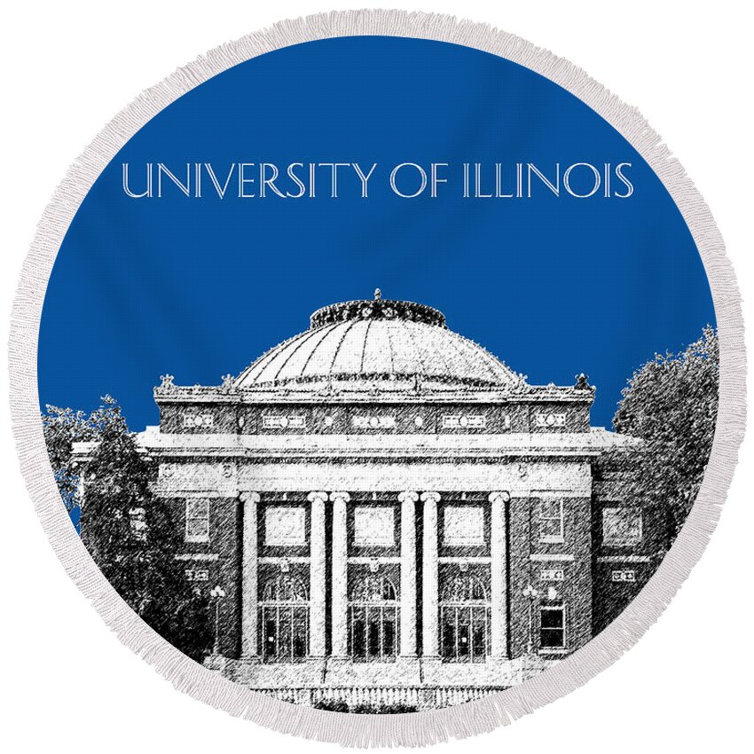 University Round Beach Towel featuring the digital art University of Illinois Foellinger Auditorium - Royal Blue by DB Artist