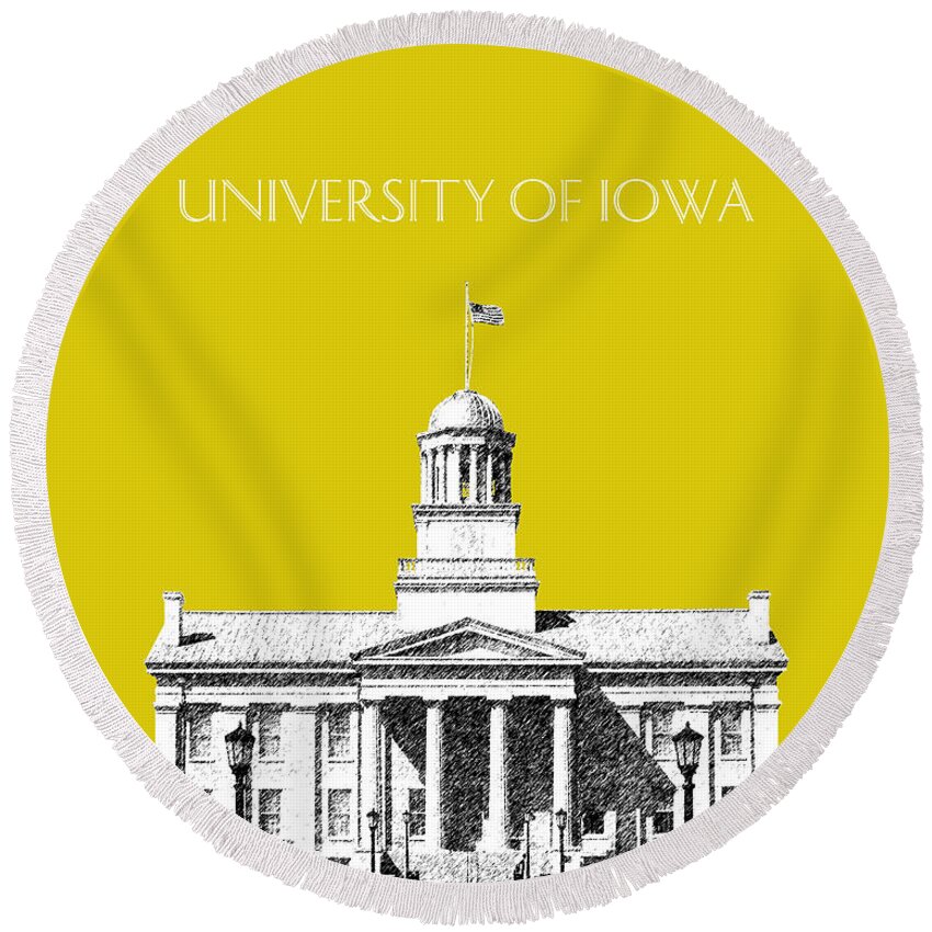 University Round Beach Towel featuring the digital art University of Iowa - Mustard Yellow by DB Artist
