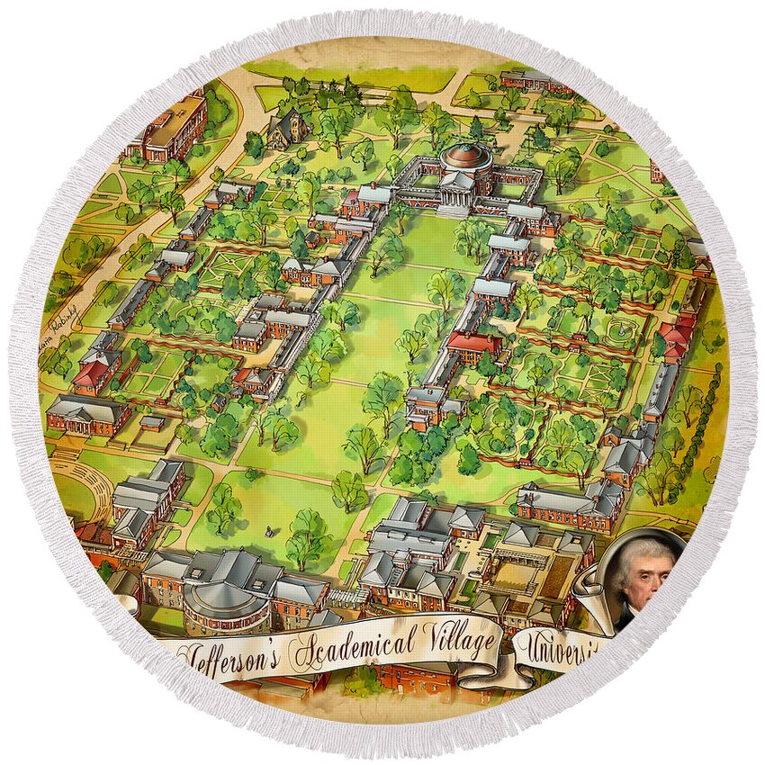 University Of Virginia Round Beach Towel featuring the painting University of Virginia Academical Village with scroll by Maria Rabinky
