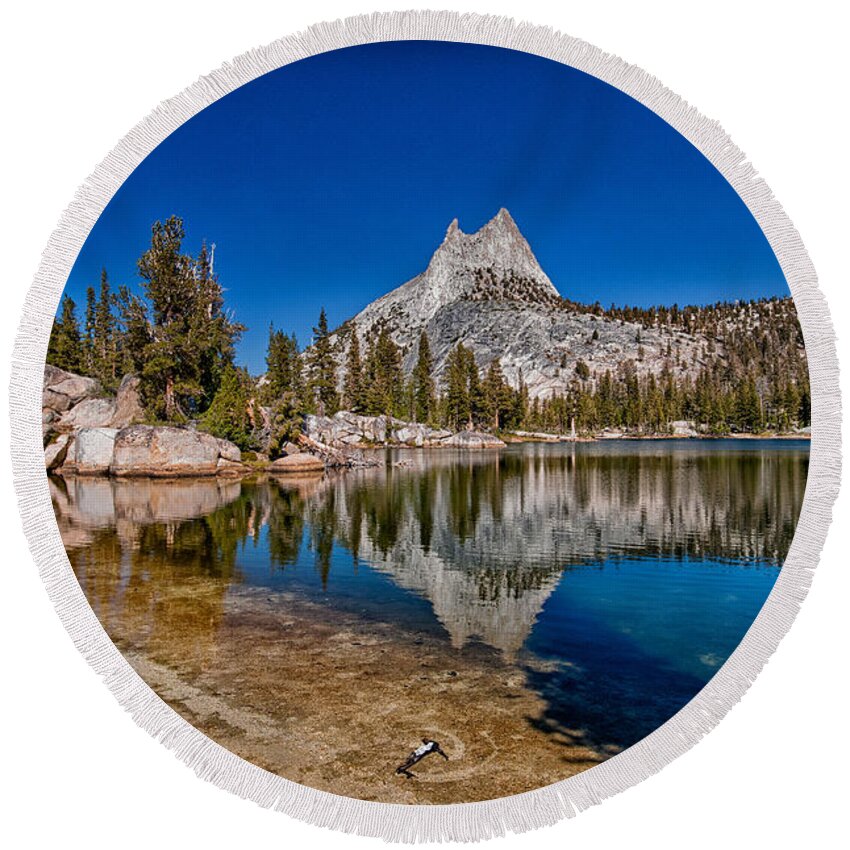 Backcounty Blue eastern Sierra Lake Mountains Reflection sierra Nevada Sky Water Yosemite national Park California Scenic Landscape Nature Trees Rock Granite Round Beach Towel featuring the photograph Upper Cathedral Lake by Cat Connor